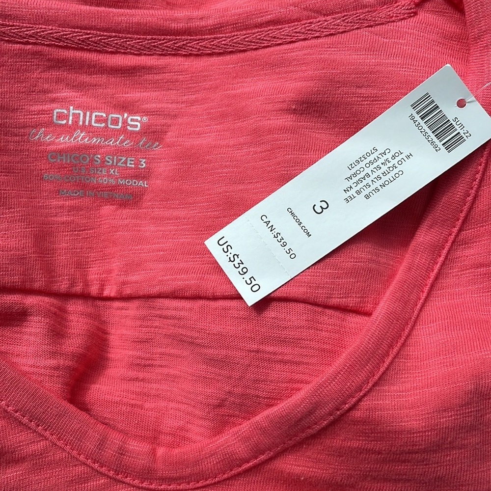 Chico’s Top Calypso Coral Color 3/4 Sleeve Ultimate Tee Slub V-Neck